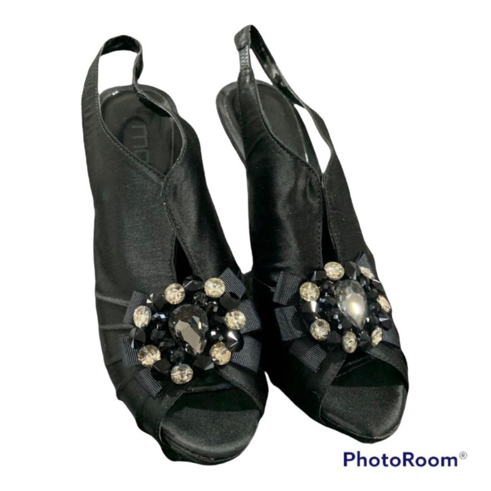 Moda Black Satin Jewel Embellished Platform Slingback Heels Womens 8.5